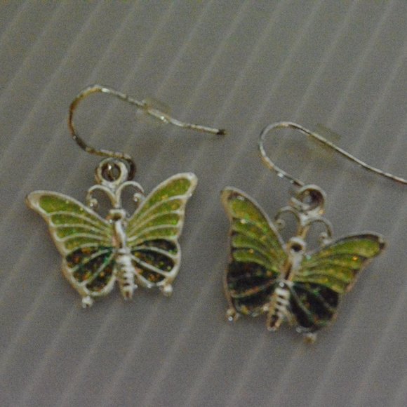 Two Toned Green Glitter Butterfly Drop Dangling Fashion Jewelry Pierced Earrings - Picture 2 of 6